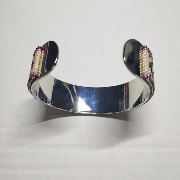 Loom Beaded Bracelet Cuff Pearl, Purple and Pink - Picture 4 of 4